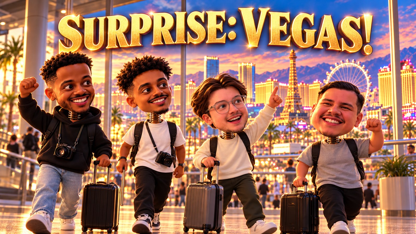 Miguel and the Content Boys, animated, rolling suitcases through Las Vegas
